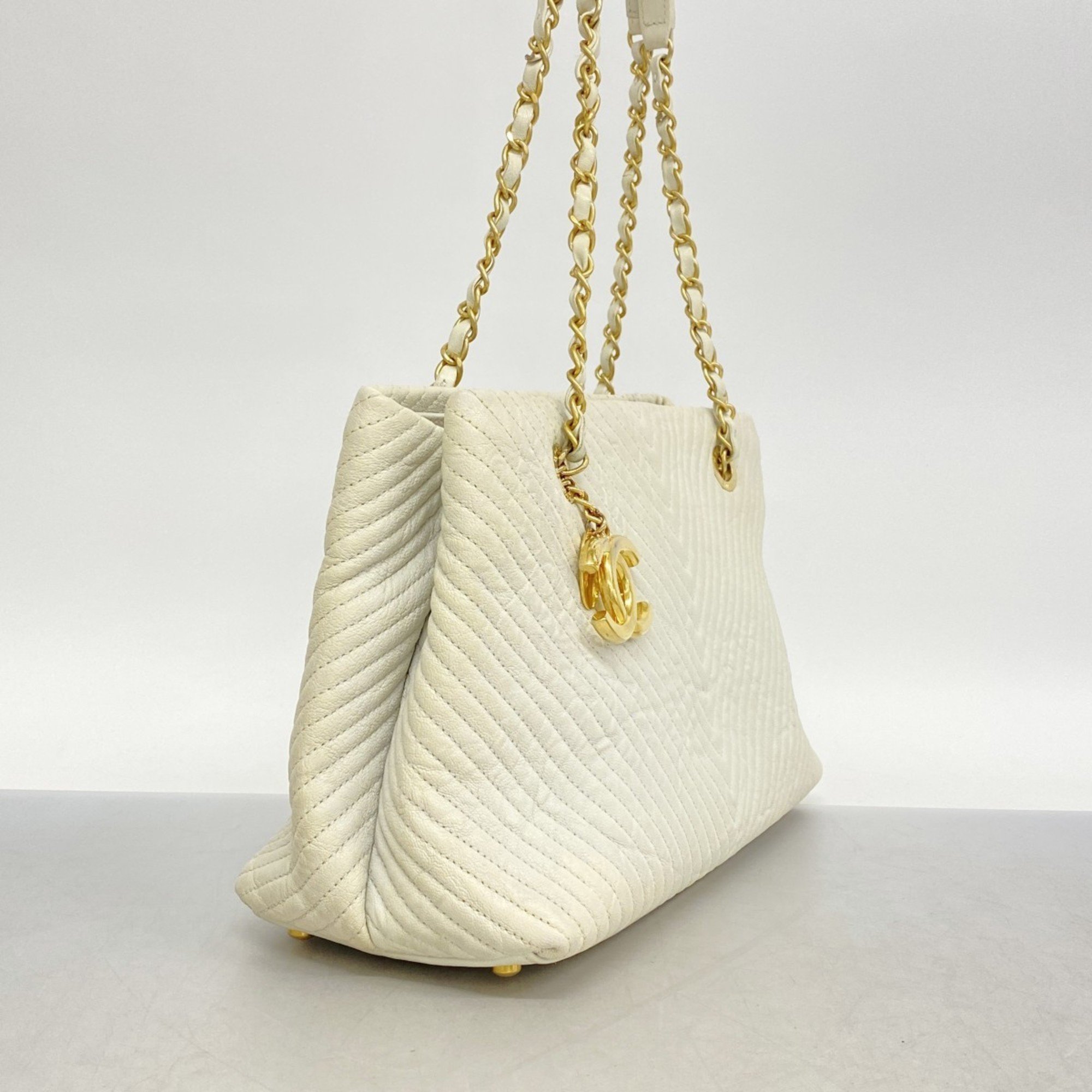 Chanel Shoulder Bag V Stitch Leather White Women's