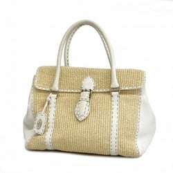 Fendi Tote Bag Selleria Leather Straw Beige White Women's