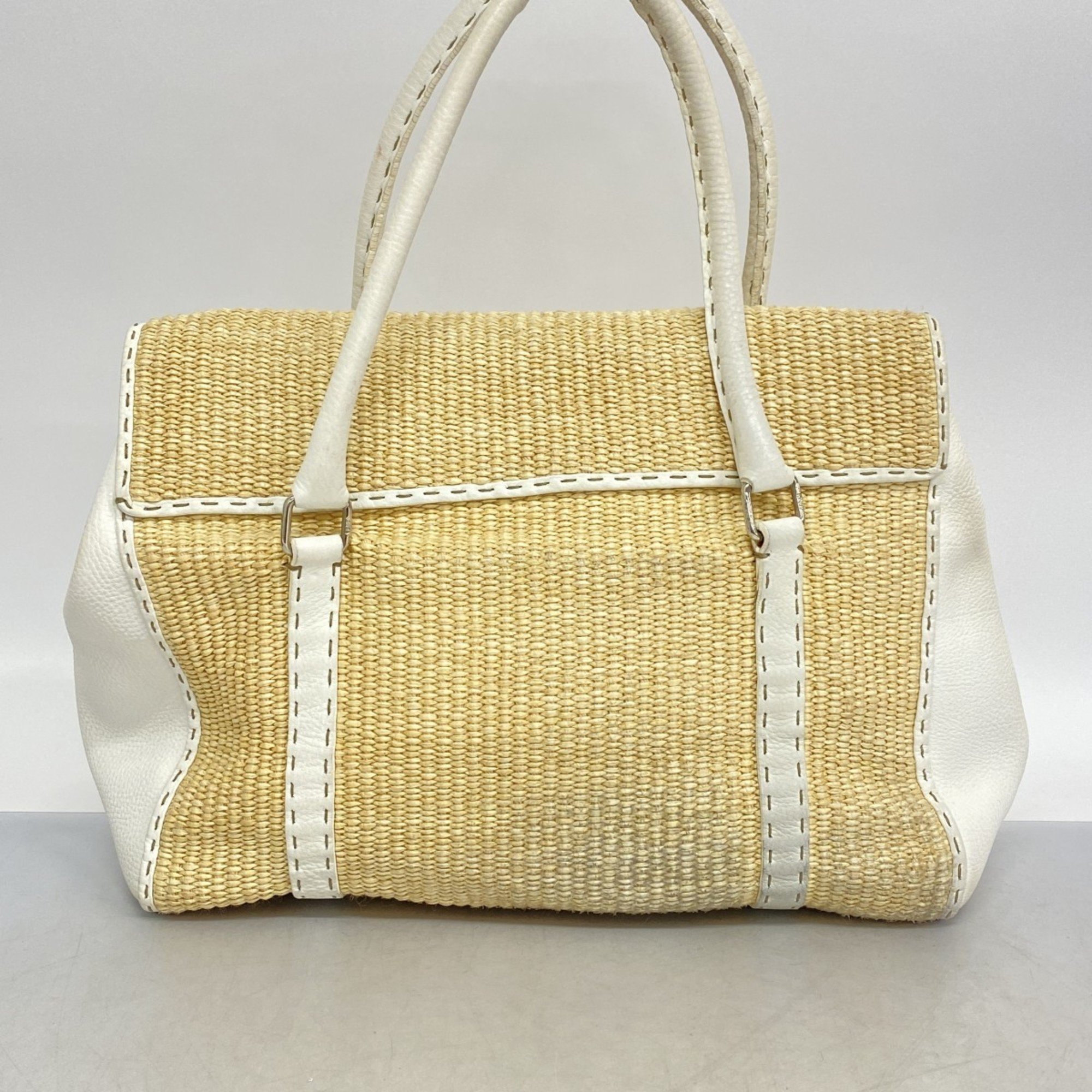 Fendi Tote Bag Selleria Leather Straw Beige White Women's