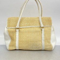 Fendi Tote Bag Selleria Leather Straw Beige White Women's