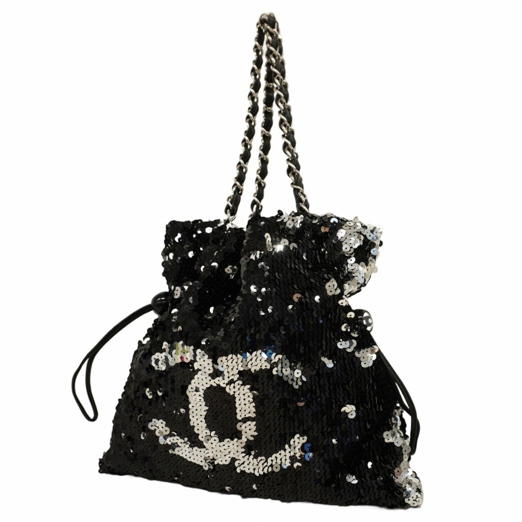 Chanel Tote Bag Sequin Black Silver Women's