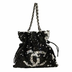 Chanel Tote Bag Sequin Black Silver Women's