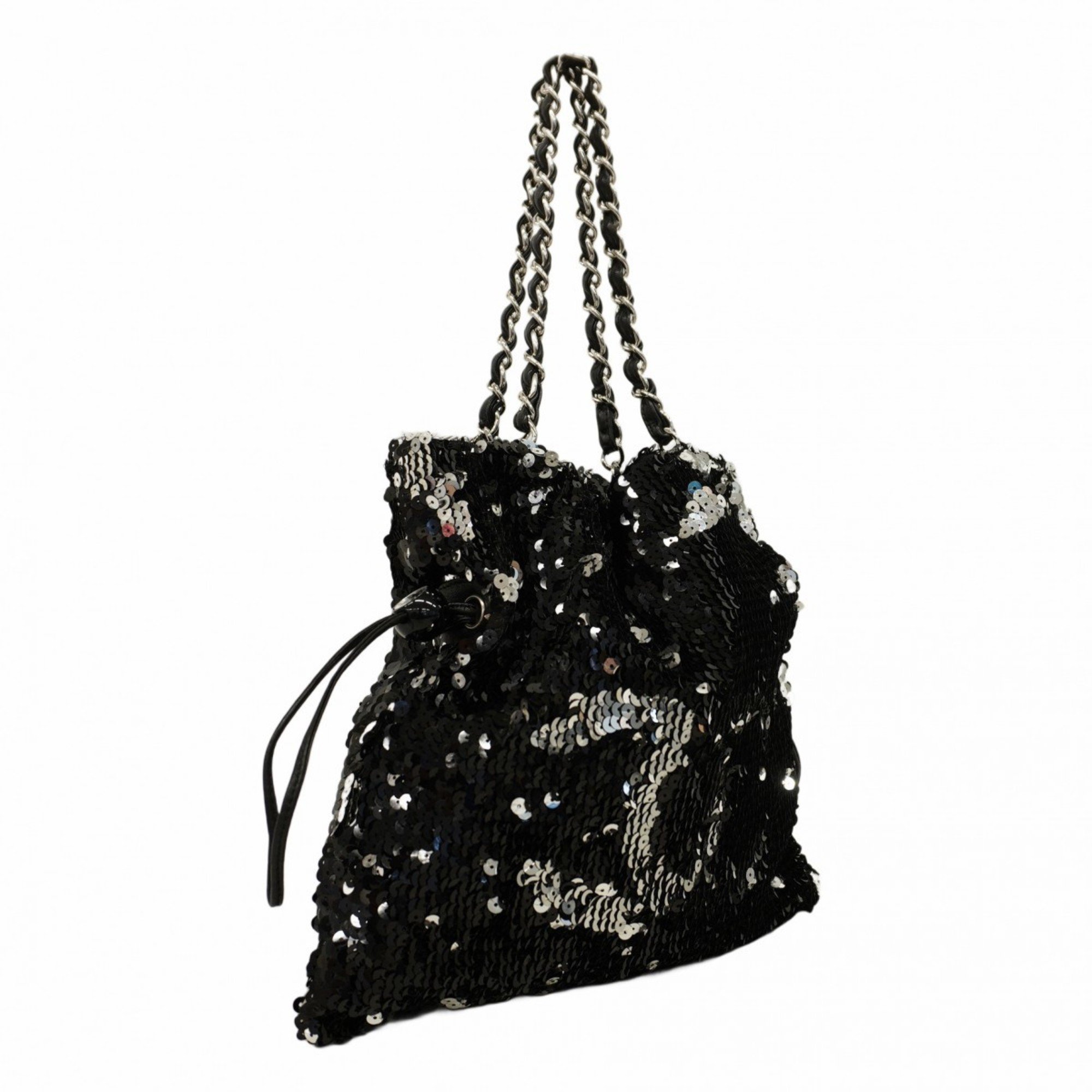 Chanel Tote Bag Sequin Black Silver Women's