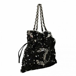 Chanel Tote Bag Sequin Black Silver Women's