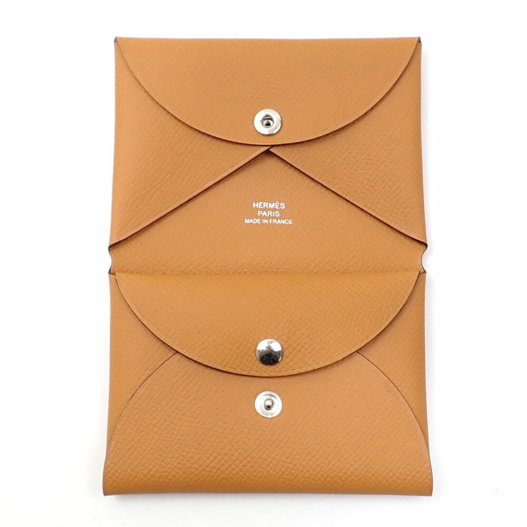 Hermes Calvi Duo Card Case and Coin for Women, Gold, Brown, Leather, B Stamp, Made around 2023, HERMES H083035CK37, Purse, A2236253