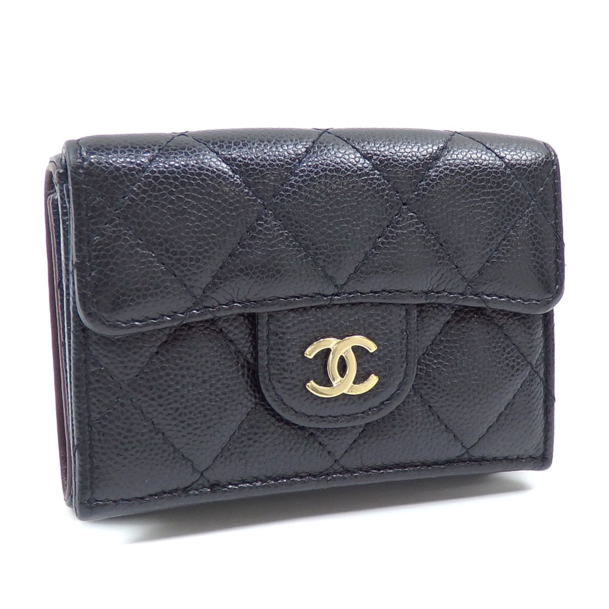 Chanel Tri-fold Wallet Matelasse Classic Small Flap Women's Black Caviar Skin B10583 Coco Mark Leather A214879