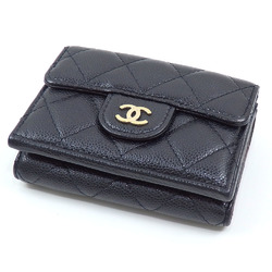 Chanel Tri-fold Wallet Matelasse Classic Small Flap Women's Black Caviar Skin B10583 Coco Mark Leather A214879