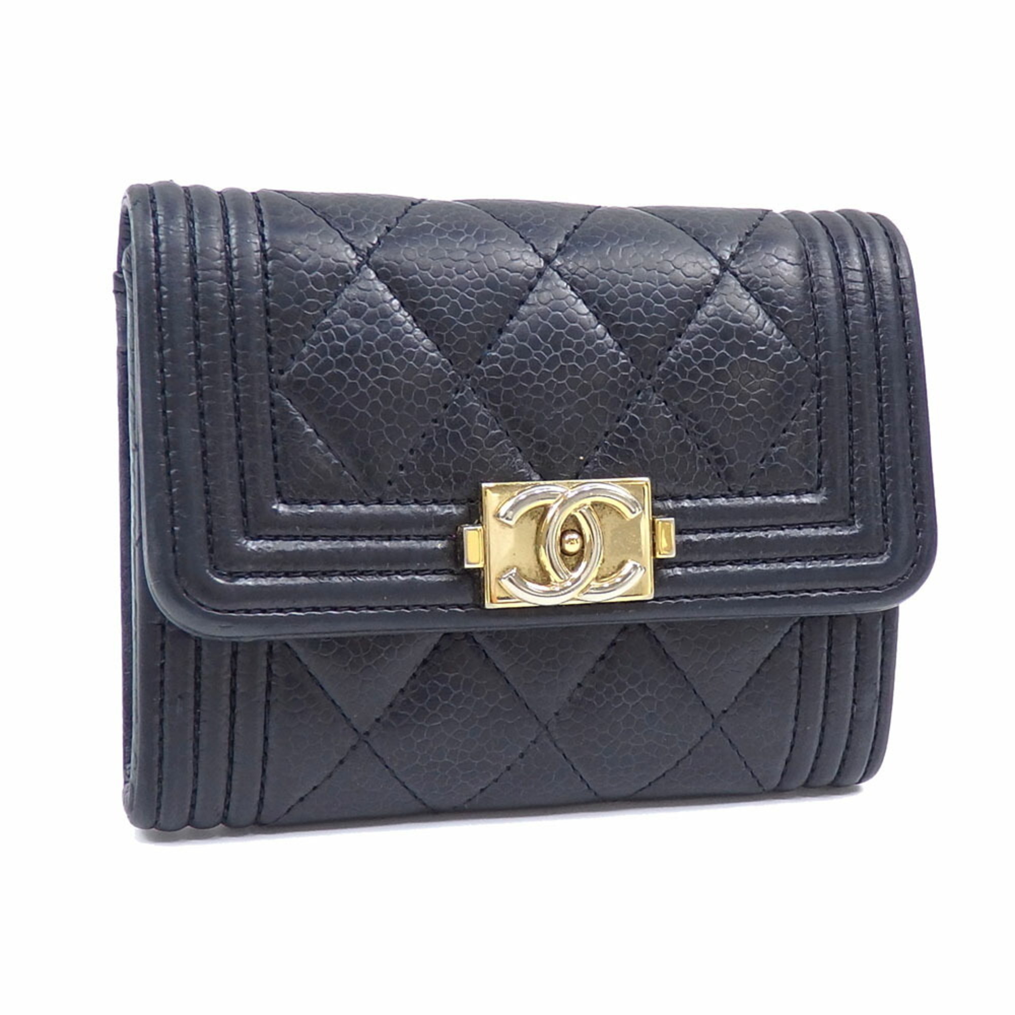 Chanel Bi-fold Coin Case Boy Women's Black Caviar Skin A84311 Coco Mark Purse Matelasse A2236146