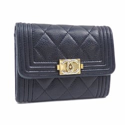 Chanel Bi-fold Coin Case Boy Women's Black Caviar Skin A84311 Coco Mark Purse Matelasse A2236146