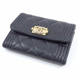 Chanel Bi-fold Coin Case Boy Women's Black Caviar Skin A84311 Coco Mark Purse Matelasse A2236146