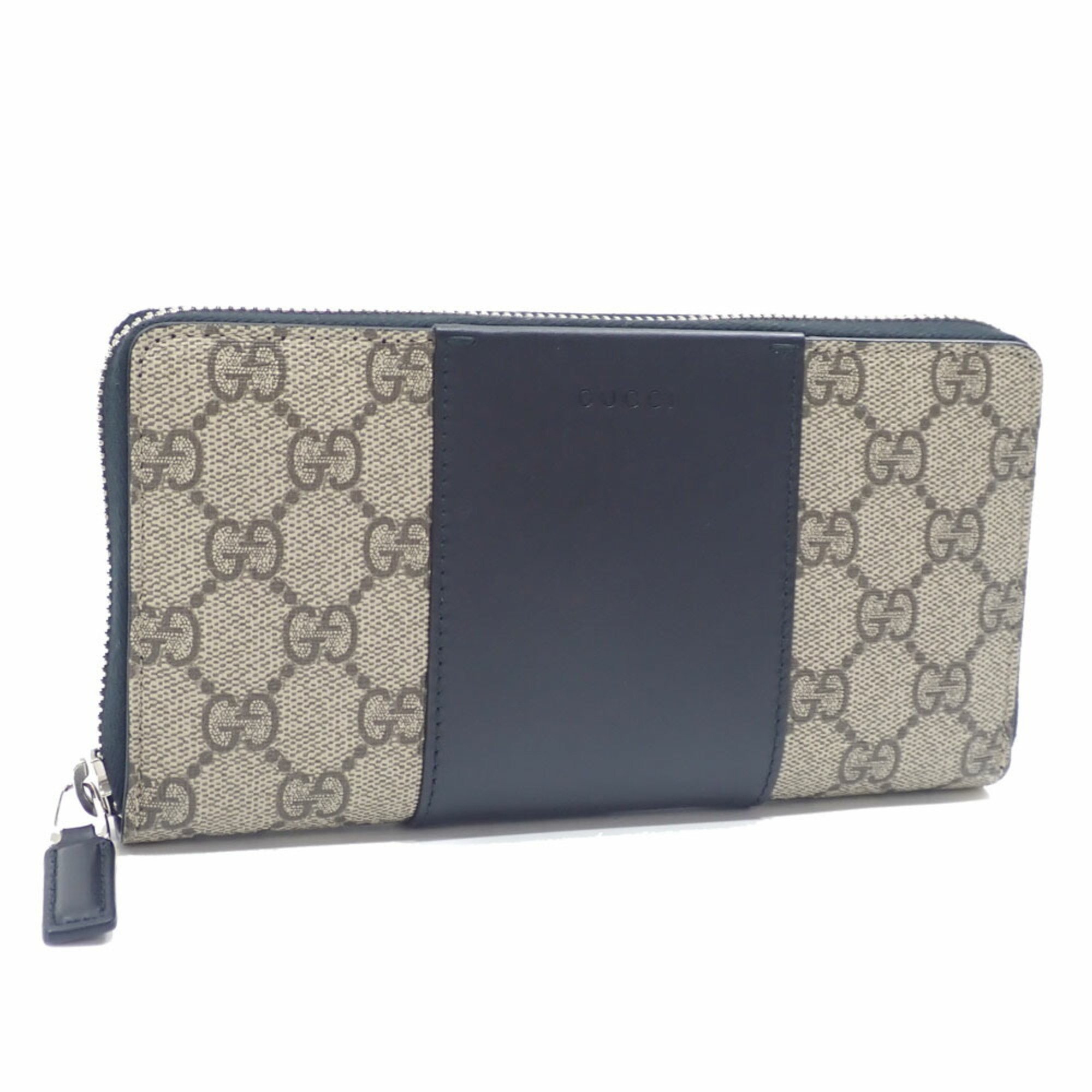 Gucci Round Long Wallet GG Supreme Men's Black Beige PVC Leather 451249 A215001