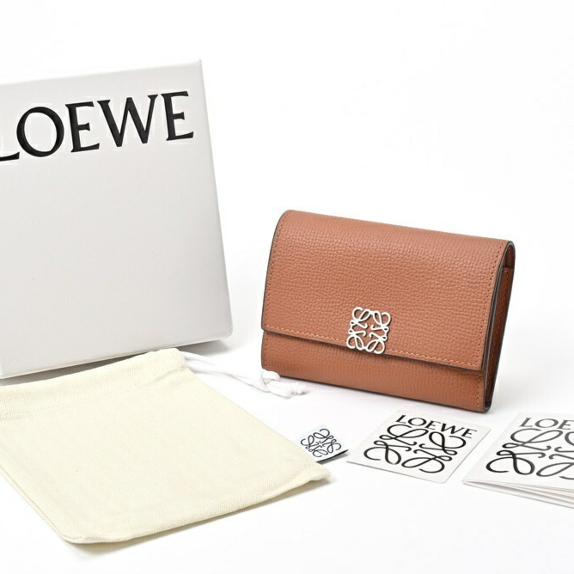 LOEWE Anagram Vertical Wallet Small Tri-fold C821S33X01 Pebble Grain Calf Tan E-156540