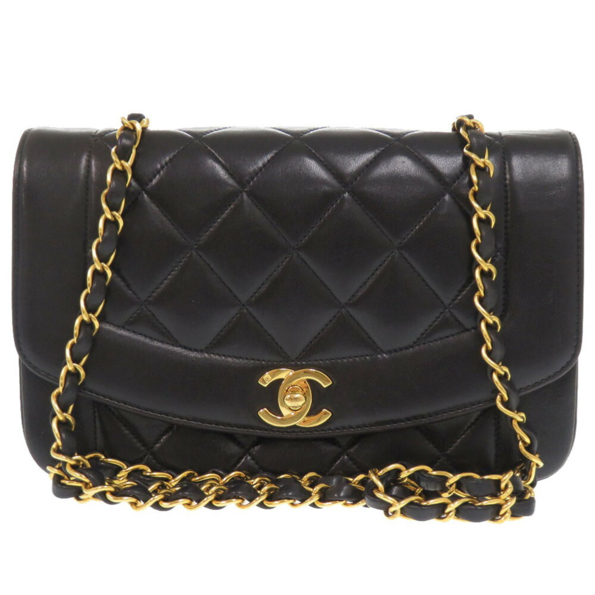 CHANEL DIANA 22 SMALL MATELASSE LAMBSKIN BLACK SHOULDER BAG COCO MARK 0092