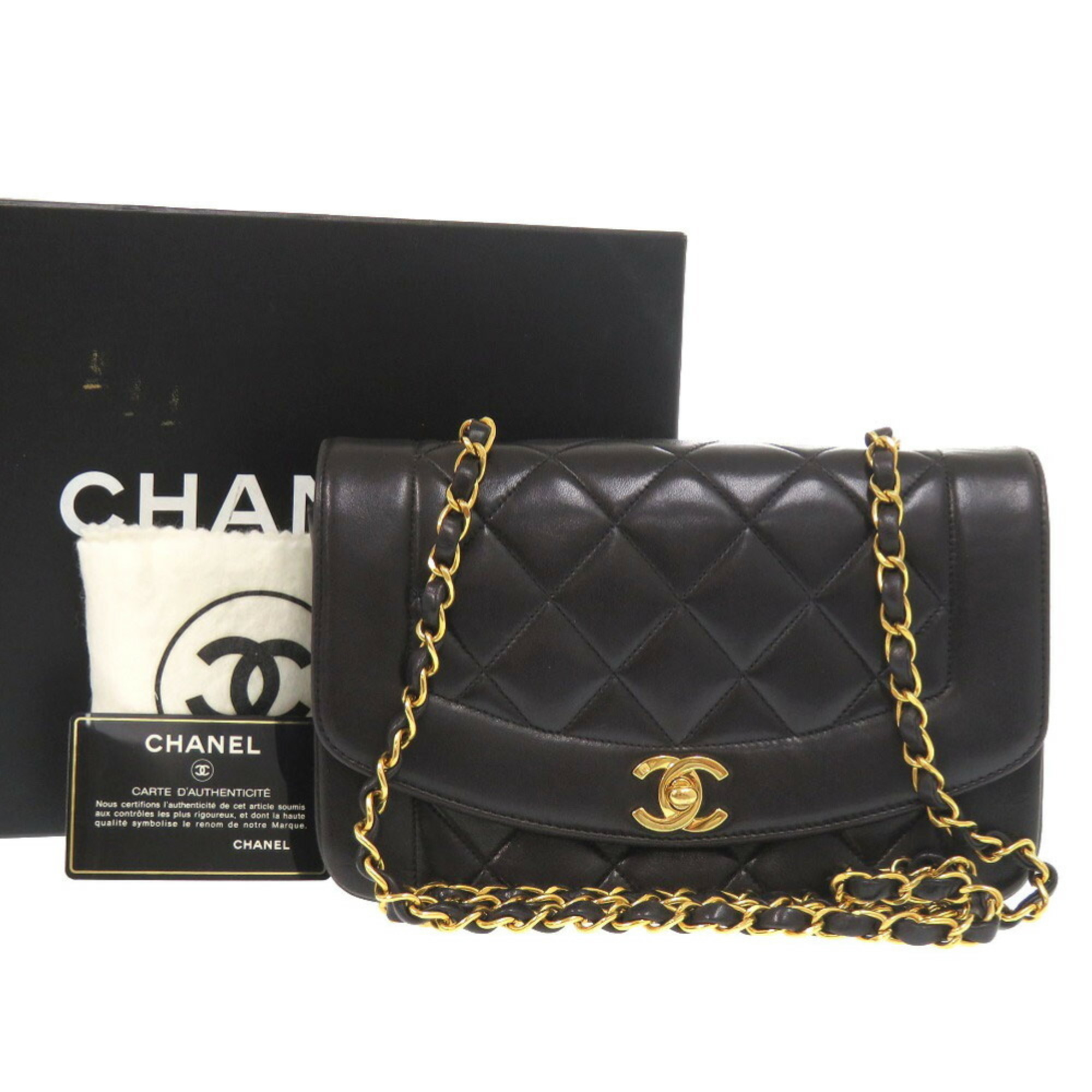 CHANEL DIANA 22 SMALL MATELASSE LAMBSKIN BLACK SHOULDER BAG COCO MARK 0092