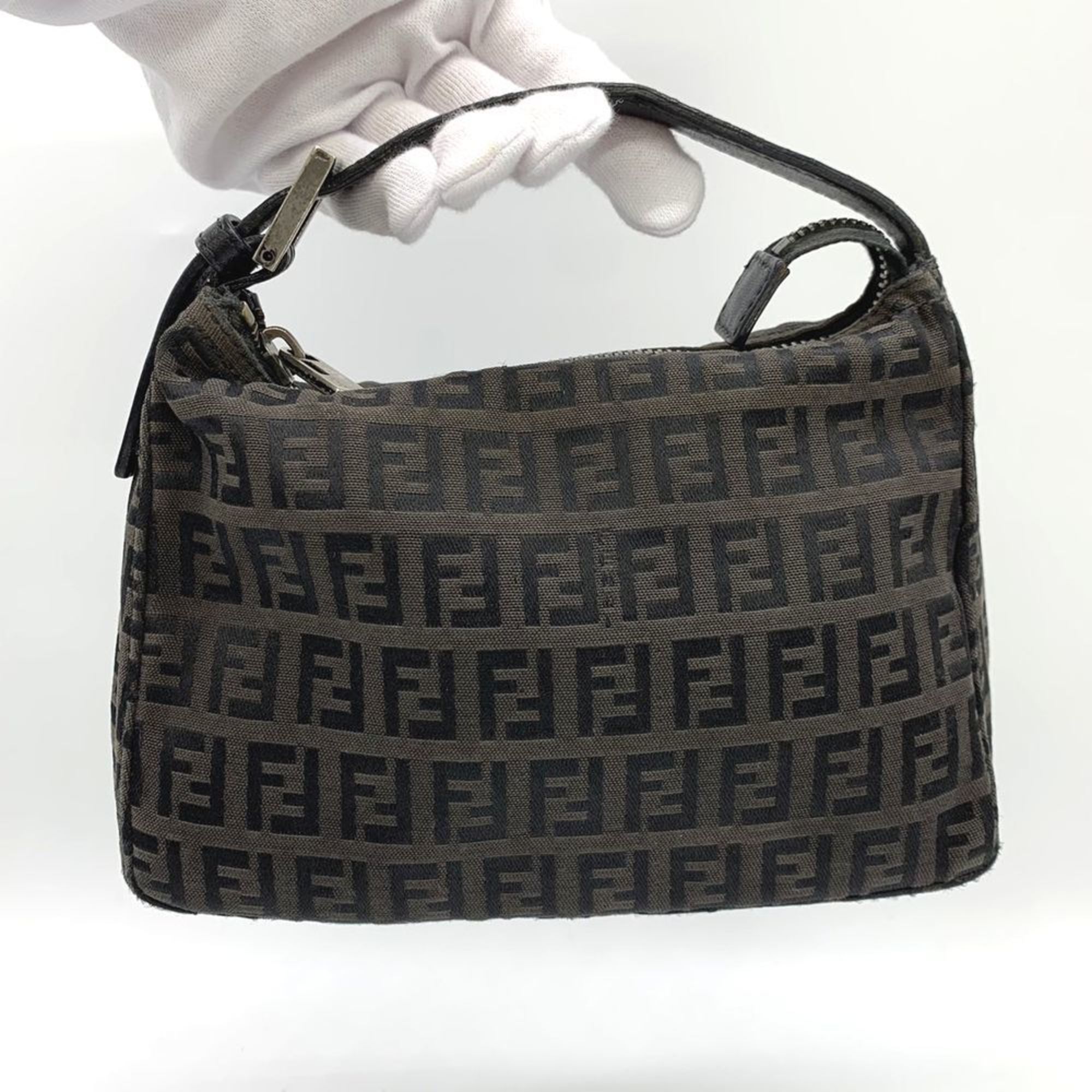 FENDI Zucchino Handbag Canvas Leather Brown Black Women's