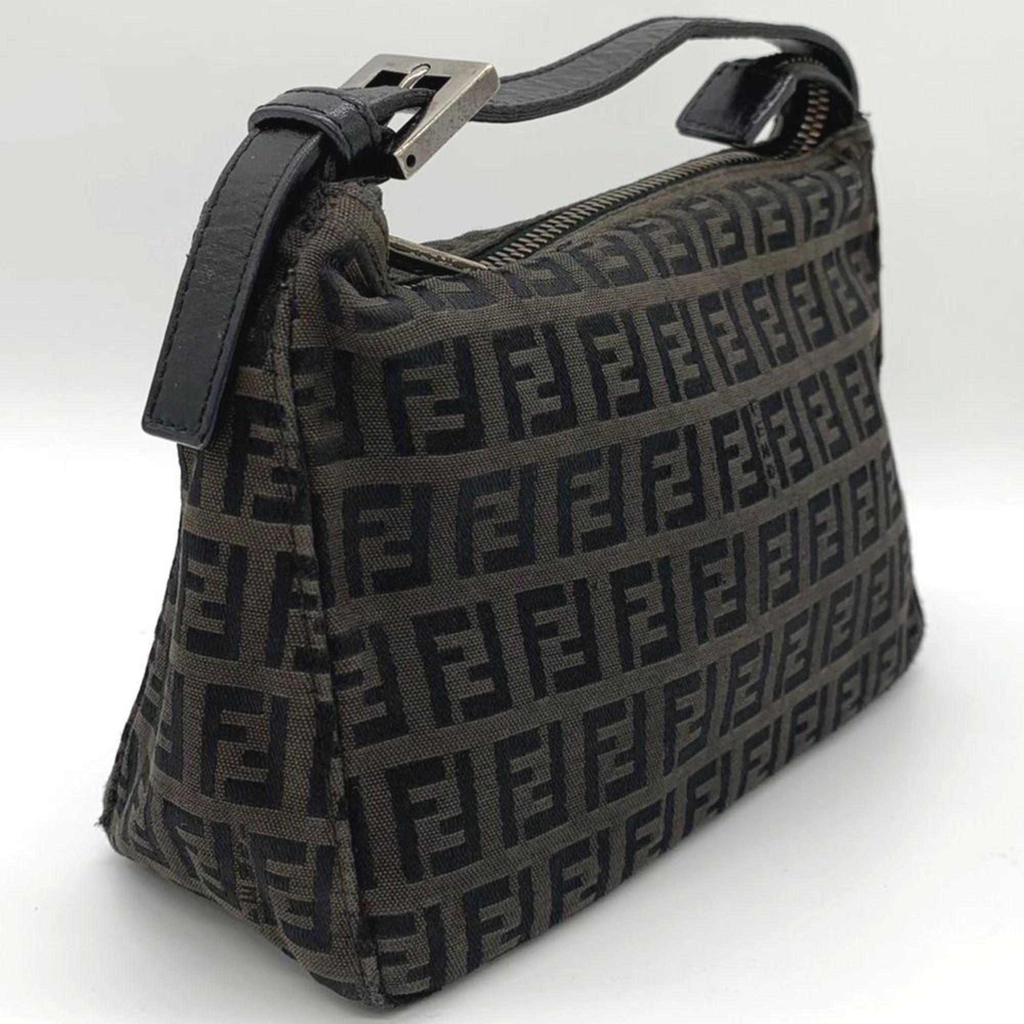 FENDI Zucchino Handbag Canvas Leather Brown Black Women's