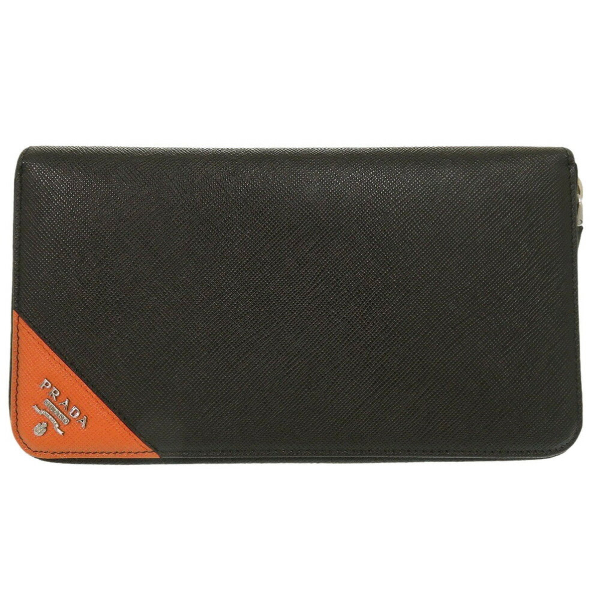 Prada Saffiano Organizer Leather Black Orange Silver Long Wallet 0399PRADA