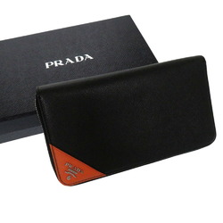 Prada Saffiano Organizer Leather Black Orange Silver Long Wallet 0399PRADA