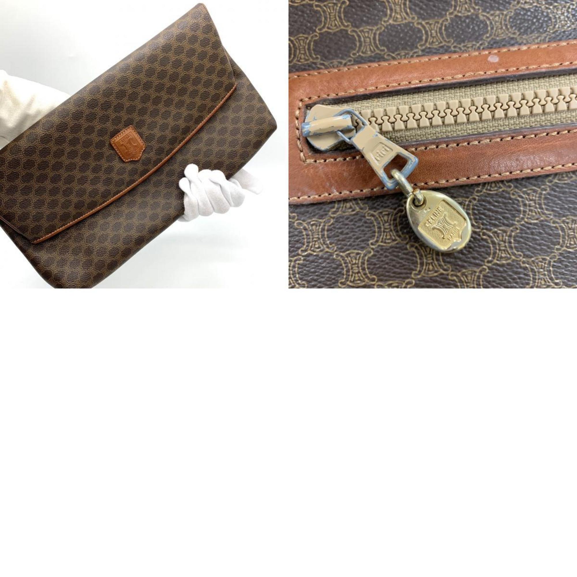 CELINE Clutch Bag Macadam Pattern Flap Brown M07 Women's