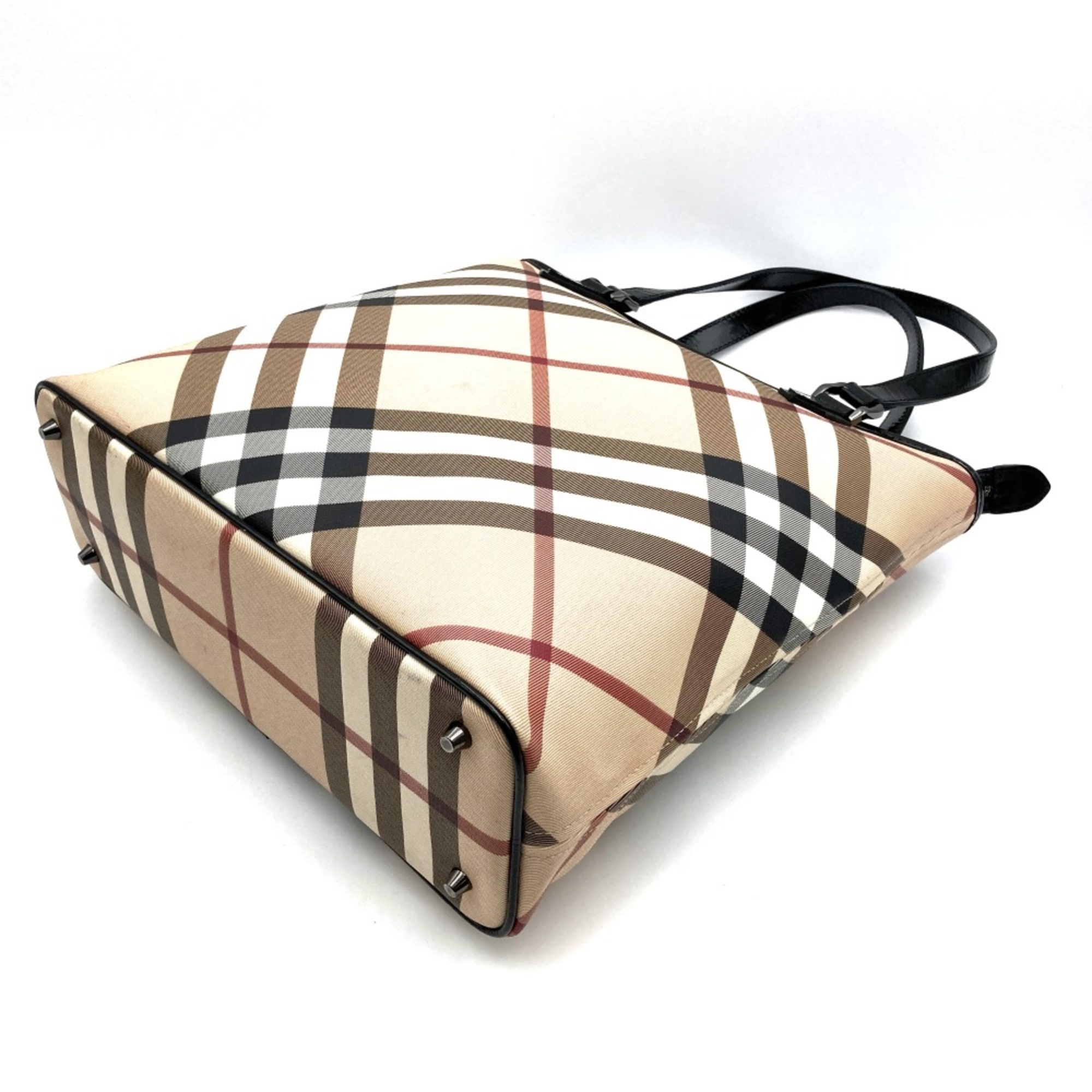 BURBERRY Nova Check Tote Bag Beige Black Enamel Women's