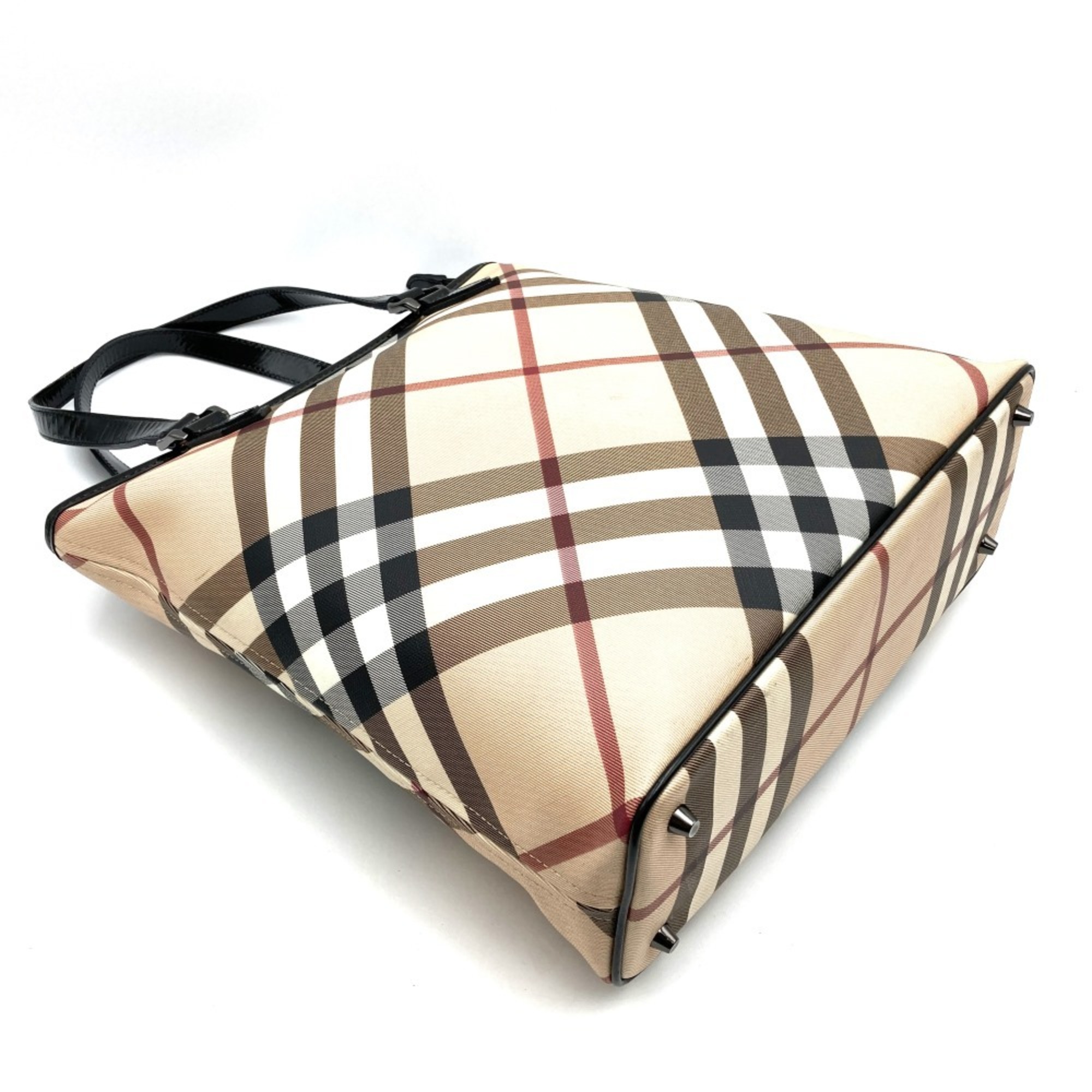 BURBERRY Nova Check Tote Bag Beige Black Enamel Women's