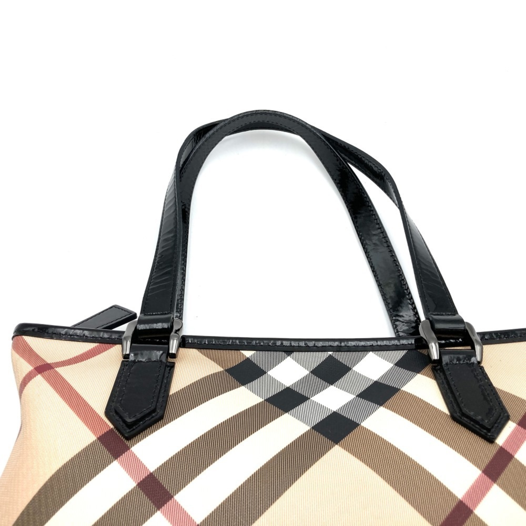 BURBERRY Nova Check Tote Bag Beige Black Enamel Women's