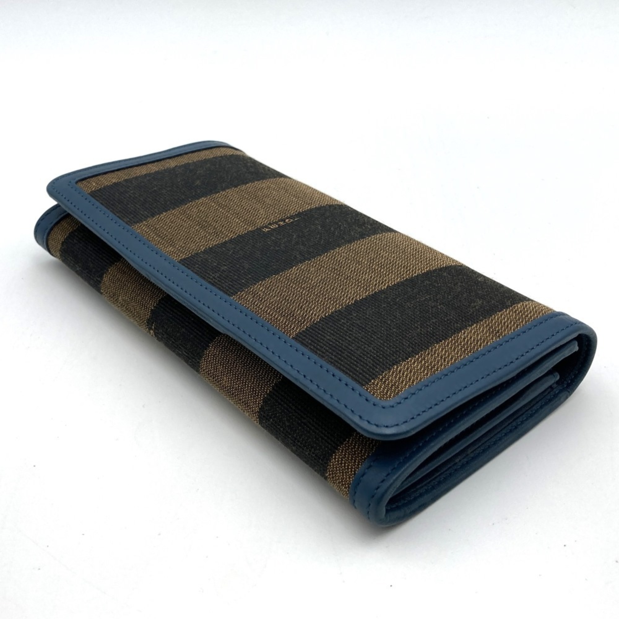 FENDI Long Wallet Pecan Pattern Canvas Leather Brown Blue 8M0298 Men's Women's