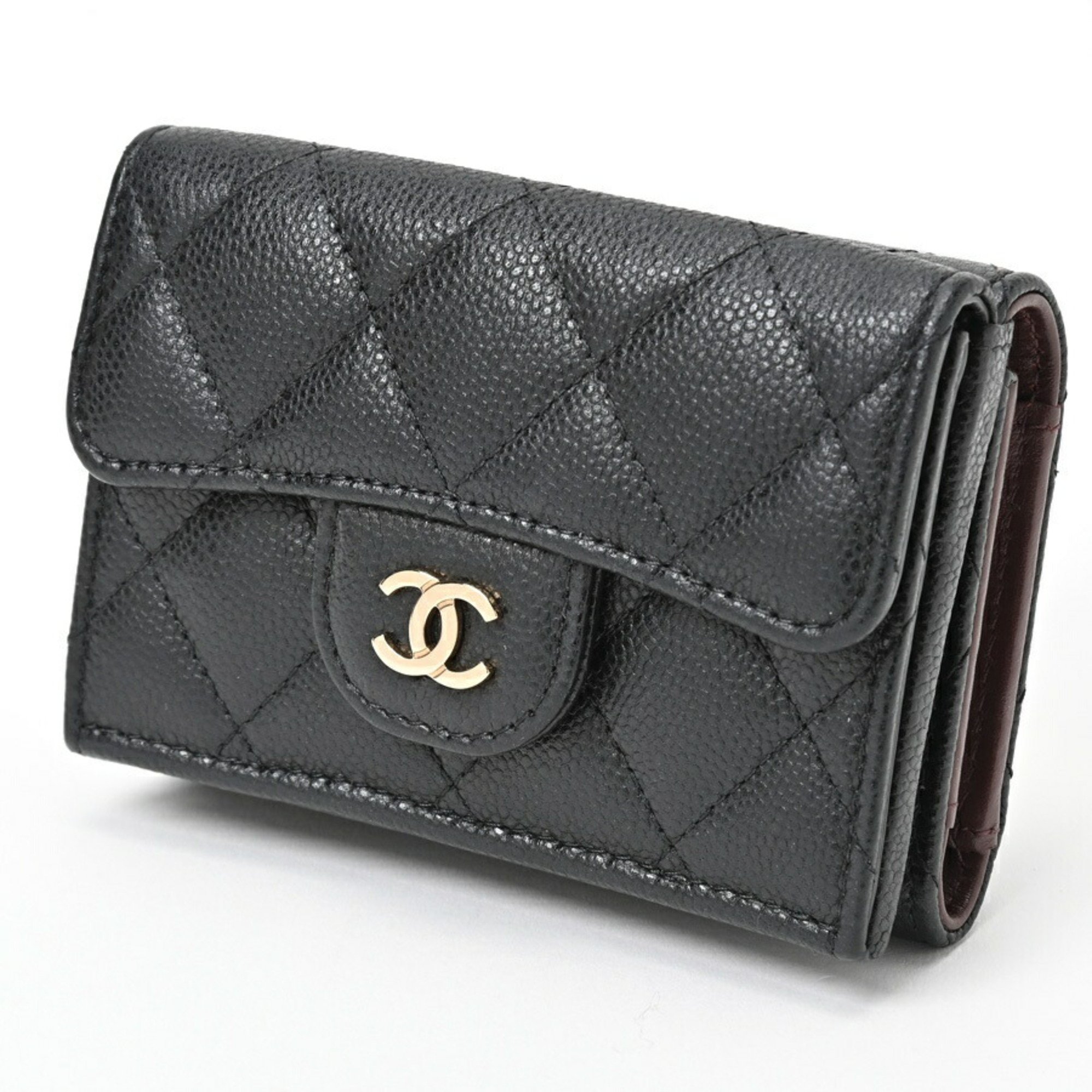 CHANEL Matelasse Small Flap Wallet Tri-fold Compact AP0230 Caviar Skin Black S-156663