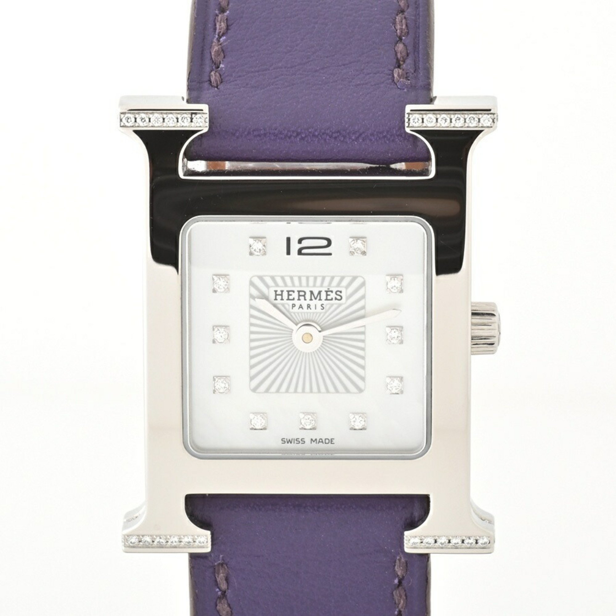 Hermes HERMES H Watch PM 25mm HH1.238 Shell White Quartz Wristwatch Lug and Case Side Diamonds E-156583