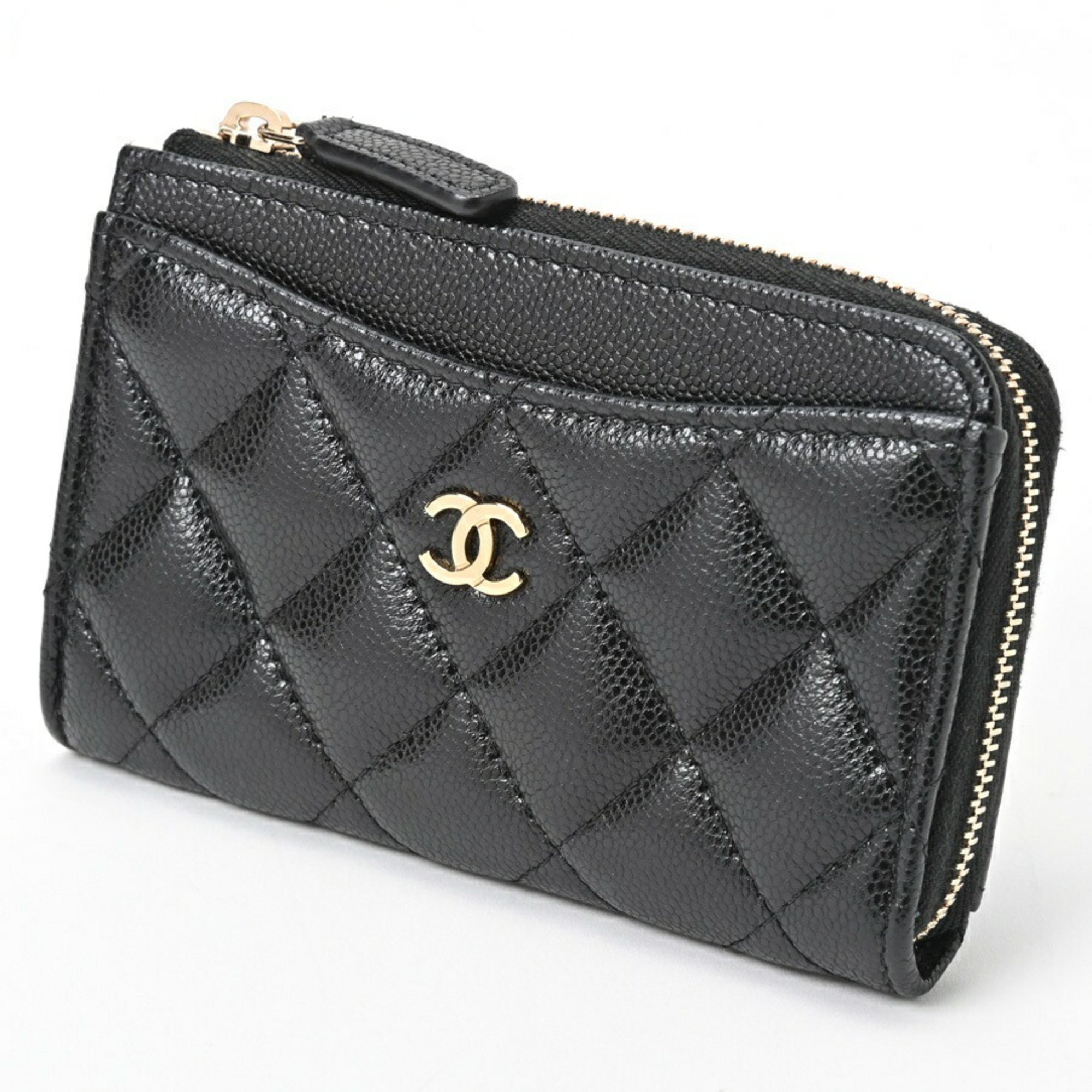 CHANEL Timeless Classic L-Shaped Coin Card Case AP3179 Caviar Skin Black Gold S-156698