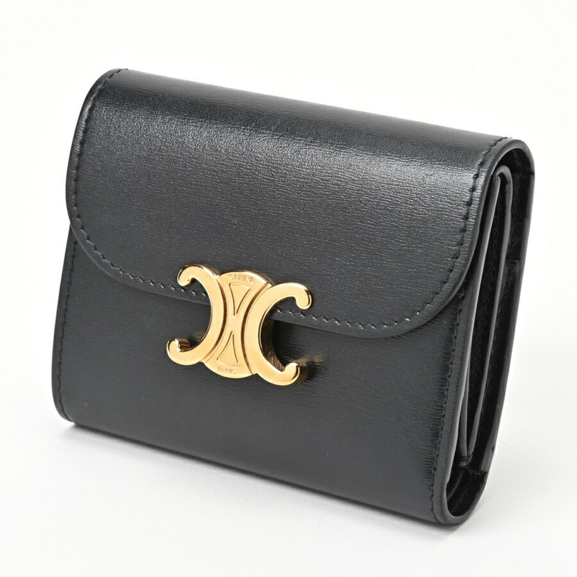 CELINE Triomphe Small Wallet Tri fold 10D783DPV.38NO Shiny Calfskin Black E 156587 eLADY Globazone