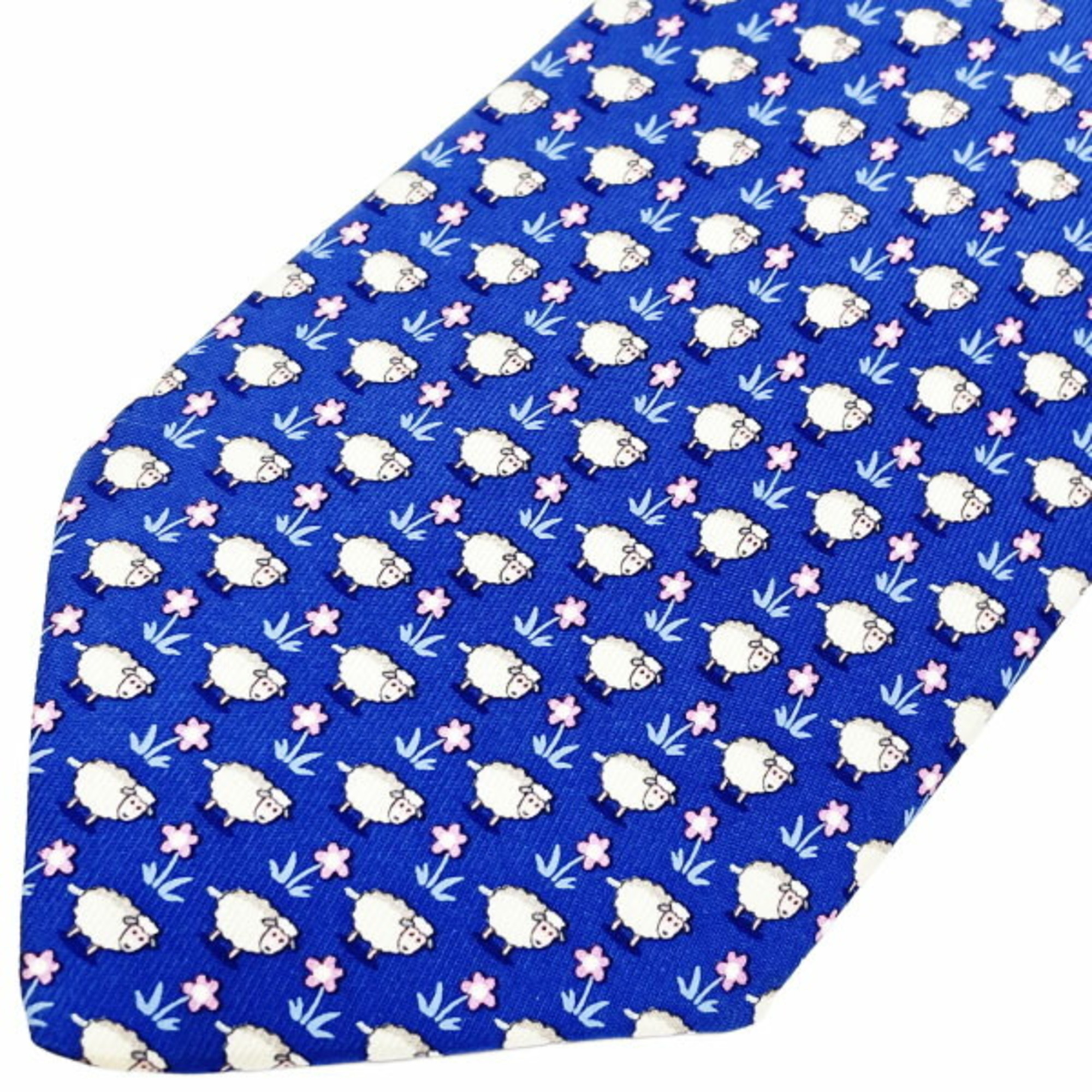 Salvatore Ferragamo Necktie 100% Silk Blue Multicolor Sheep Flower Men's KK-13782