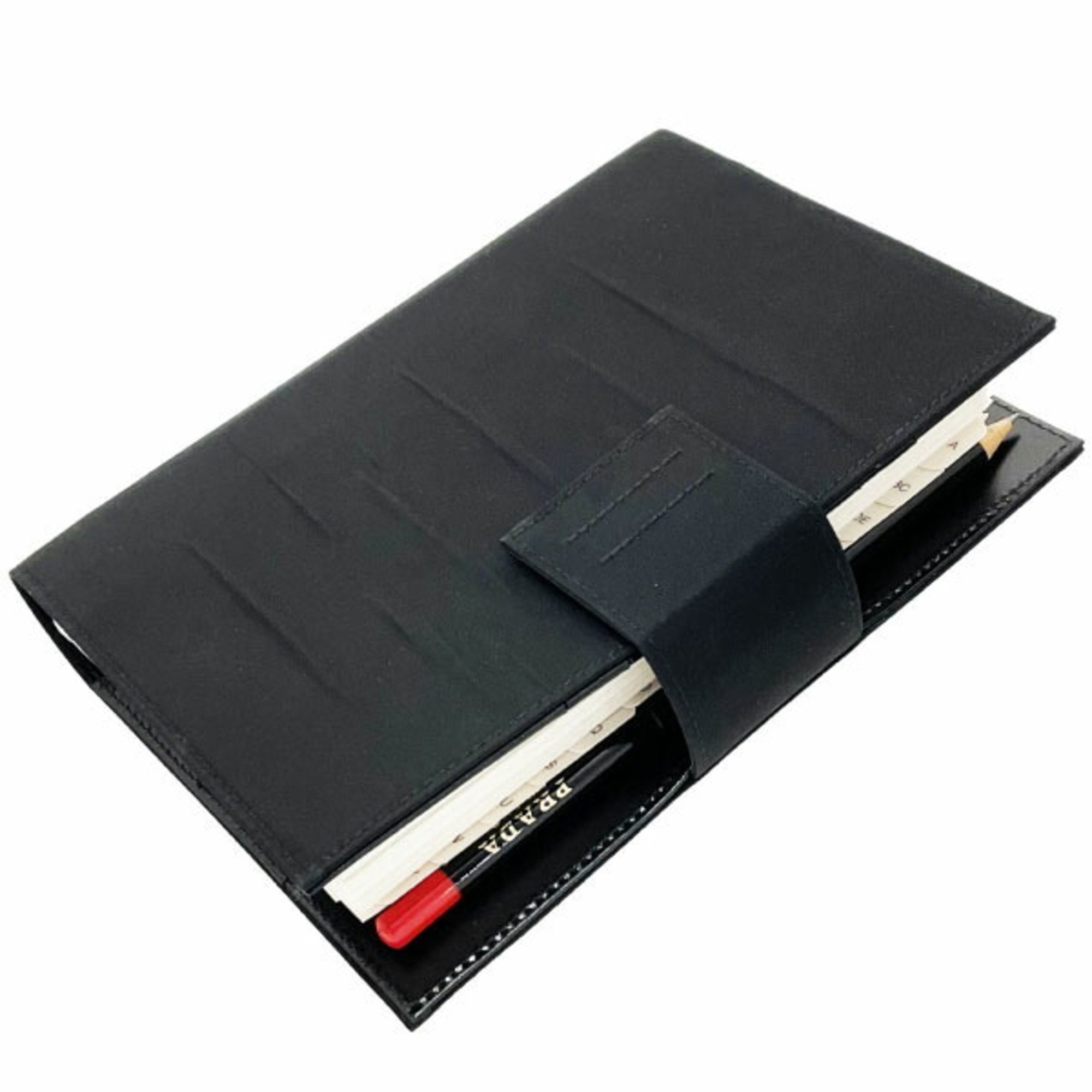 Prada Planner Cover Triangle Agenda Nylon Leather Black A80 PRADA Plate Address Book Memo Pad 6 Hole TESSUTO VITEL NERO KK-13624