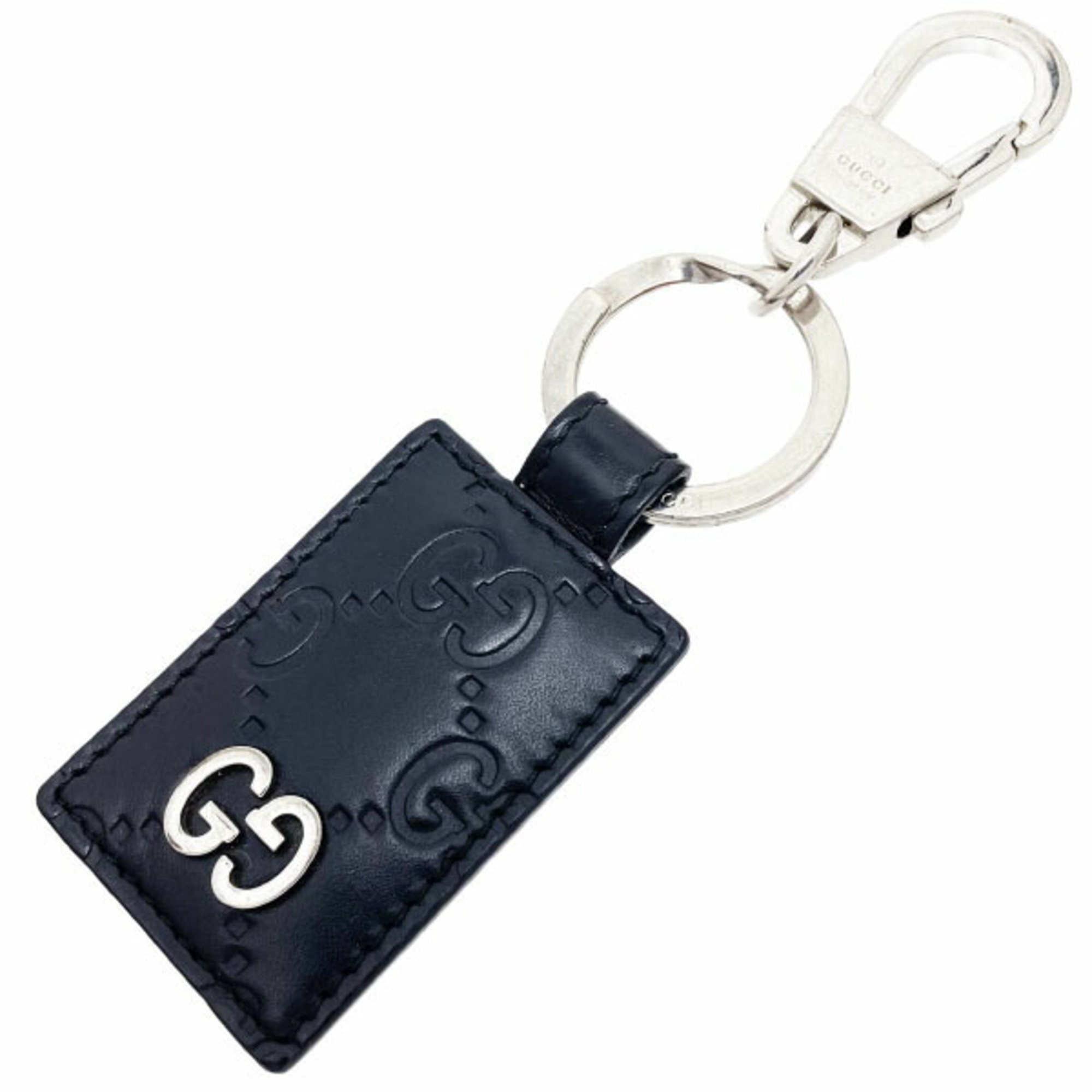 Gucci Keychain Signature Leather Keyring Calf Black 478136 GUCCI GG Guccissima Shima Line Tag Key Hook Charm Bag Accessories MAN-12996