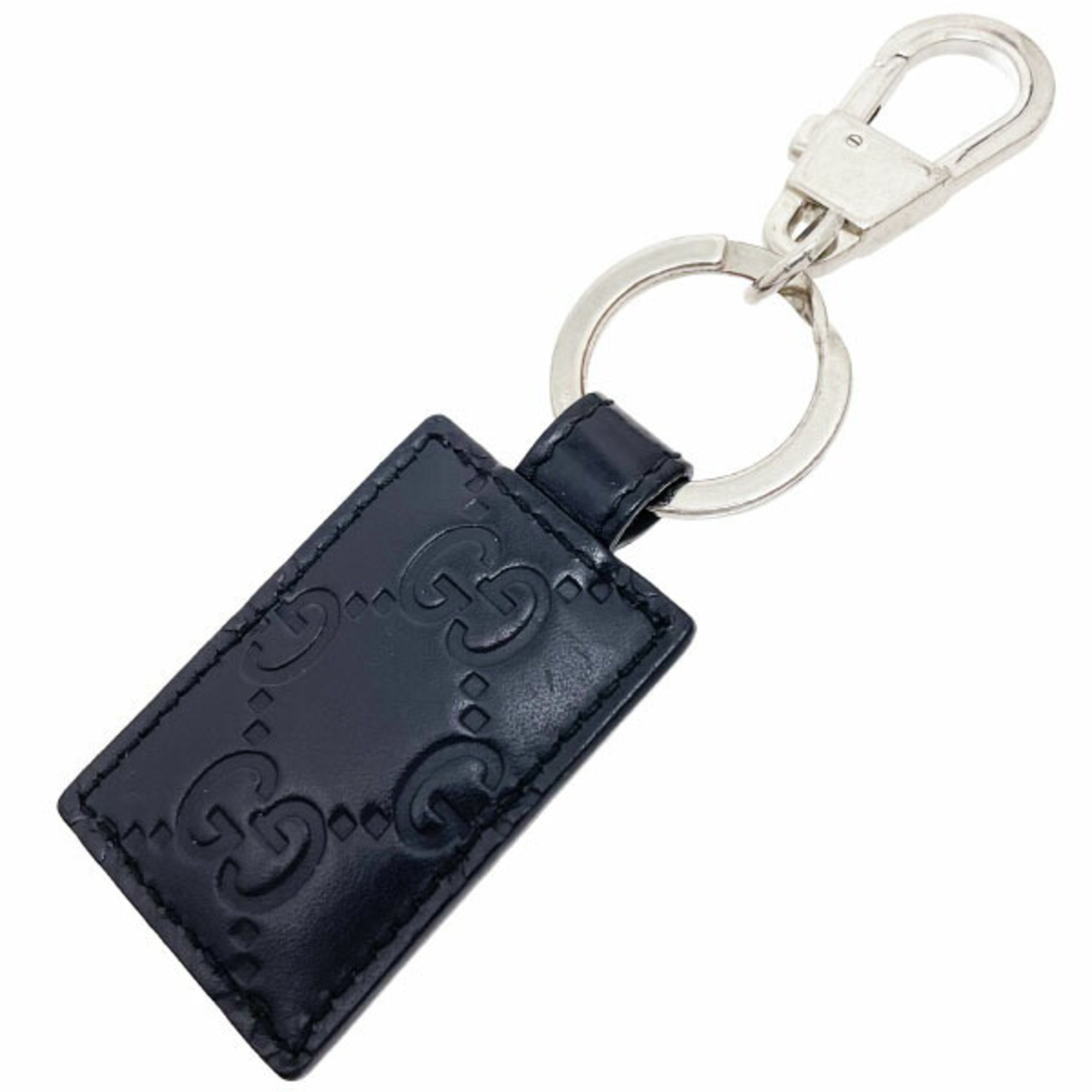 Gucci Keychain Signature Leather Keyring Calf Black 478136 GUCCI GG Guccissima Shima Line Tag Key Hook Charm Bag Accessories MAN-12996