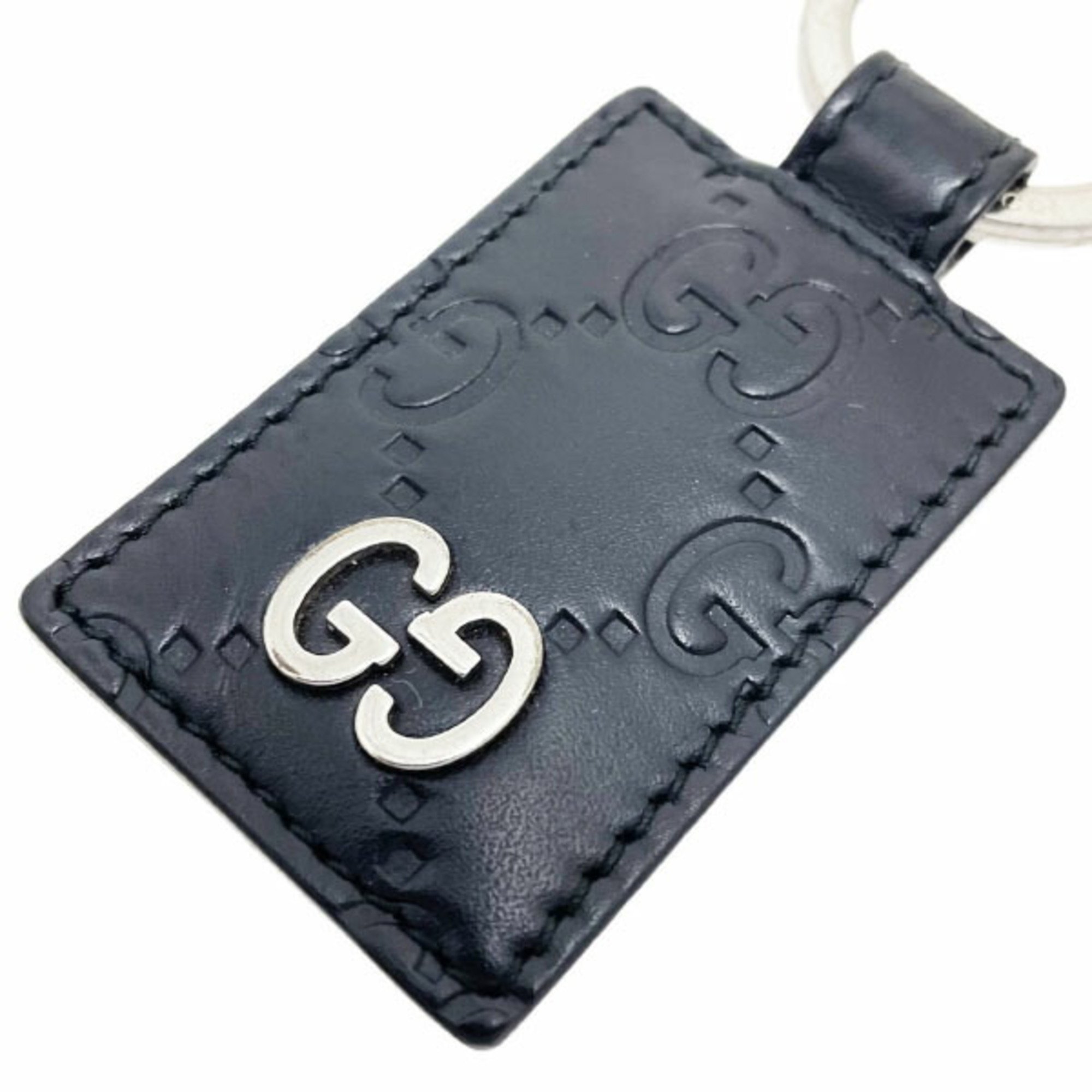 Gucci Keychain Signature Leather Keyring Calf Black 478136 GUCCI GG Guccissima Shima Line Tag Key Hook Charm Bag Accessories MAN-12996