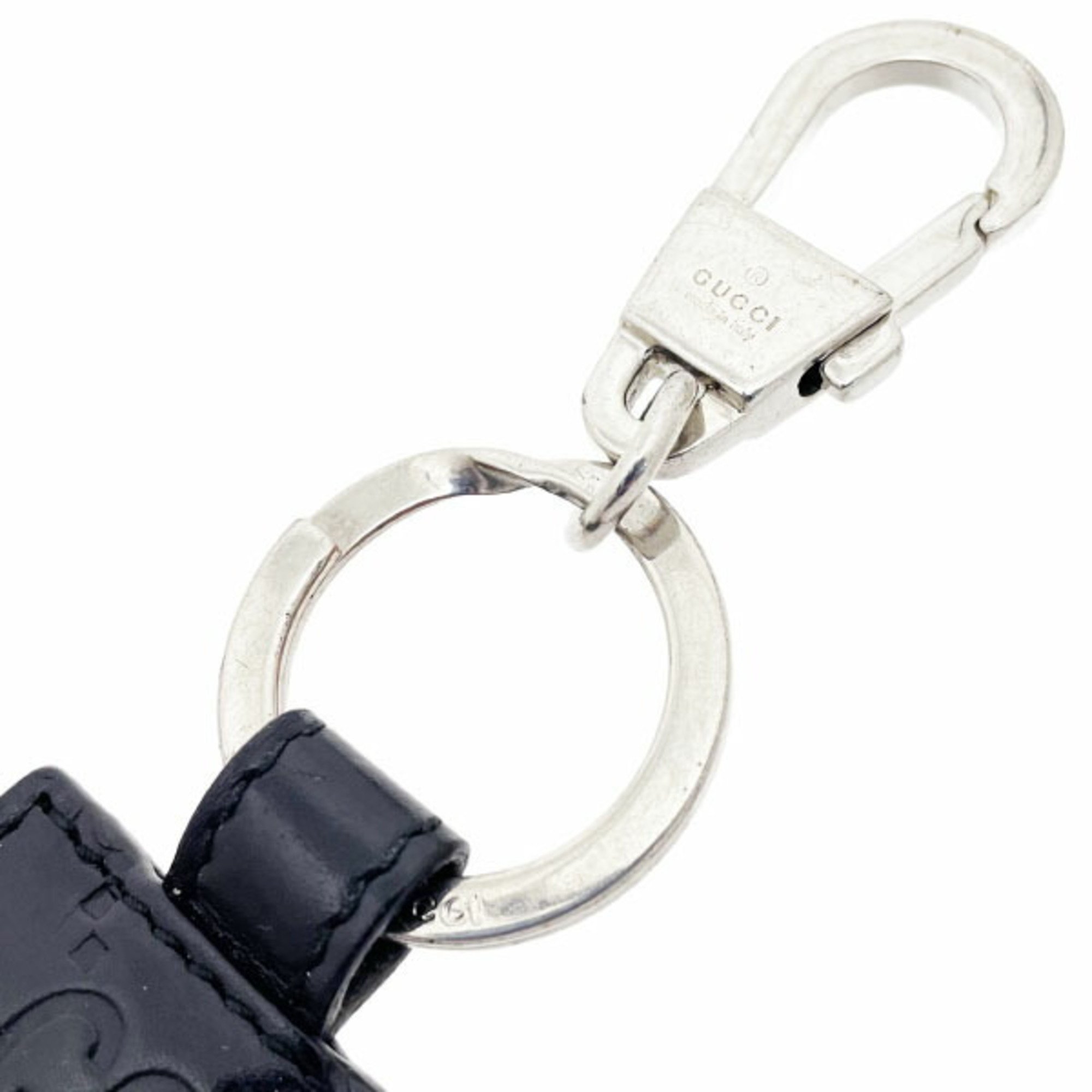 Gucci Keychain Signature Leather Keyring Calf Black 478136 GUCCI GG Guccissima Shima Line Tag Key Hook Charm Bag Accessories MAN-12996