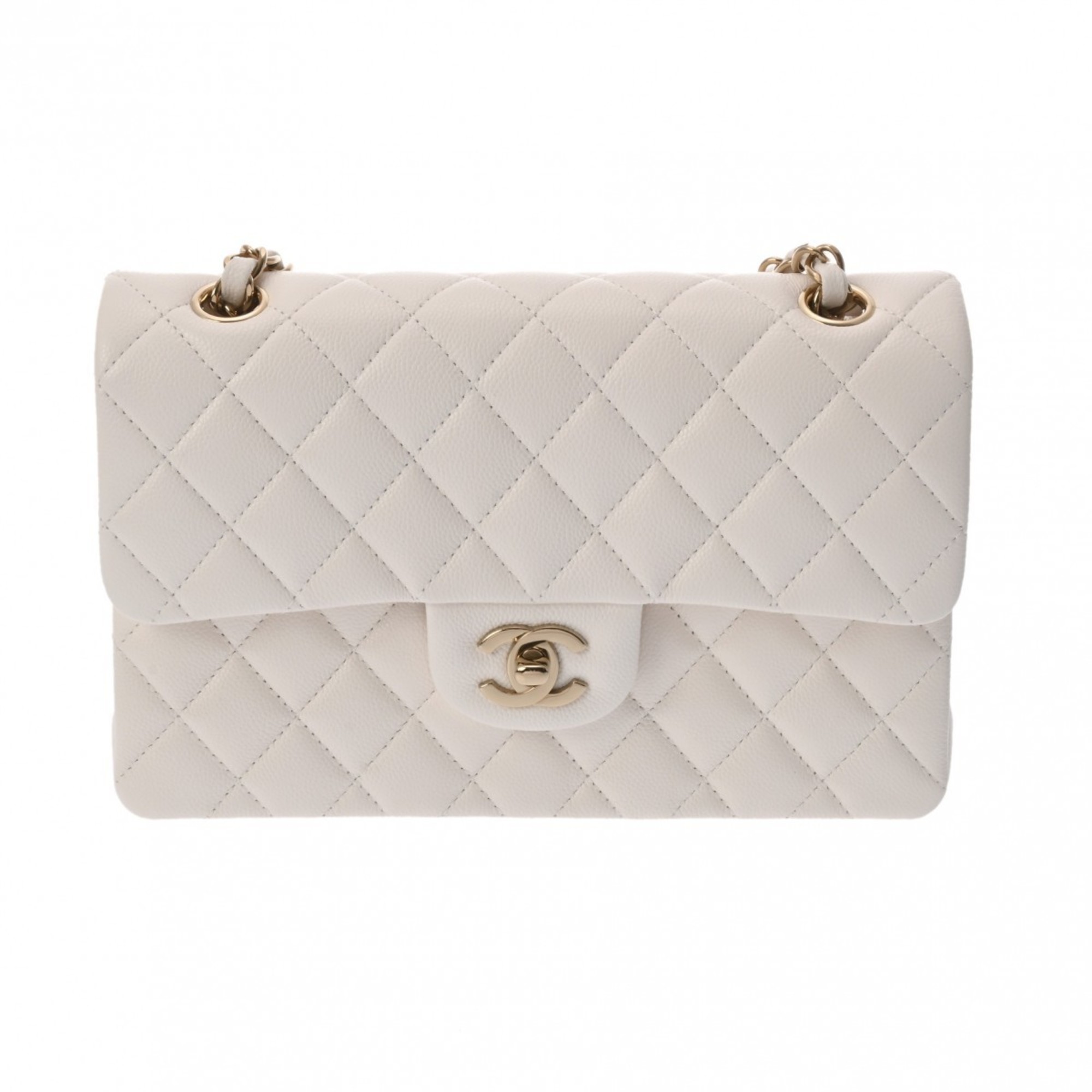 CHANEL Chanel Matelasse Chain Shoulder 23cm Double Flap White A01113 Women's Caviar Skin Bag