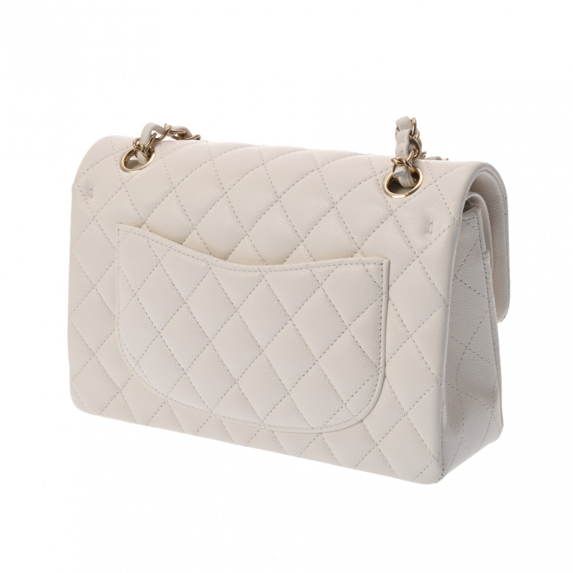 CHANEL Chanel Matelasse Chain Shoulder 23cm Double Flap White A01113 Women's Caviar Skin Bag