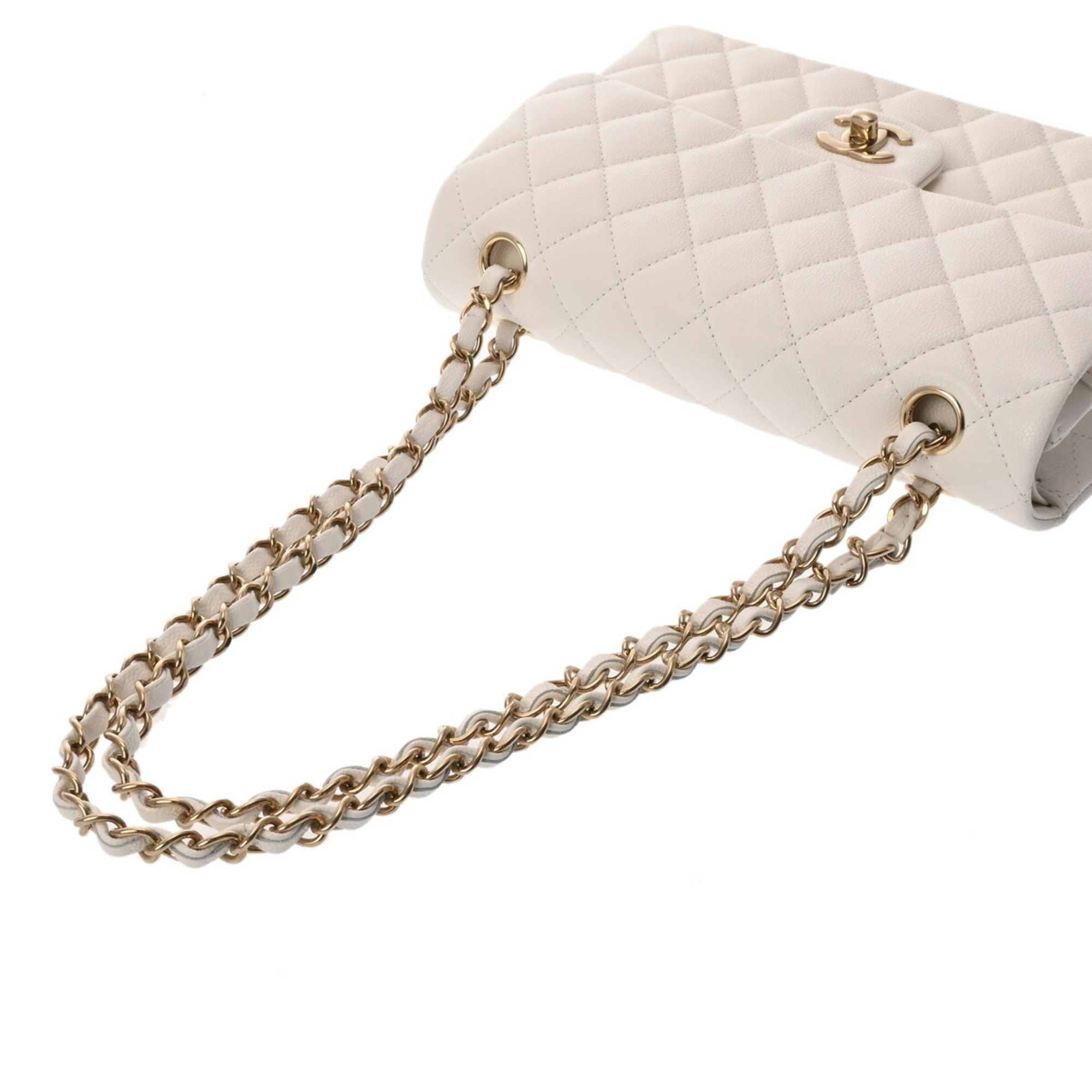 CHANEL Chanel Matelasse Chain Shoulder 23cm Double Flap White A01113 Women's Caviar Skin Bag