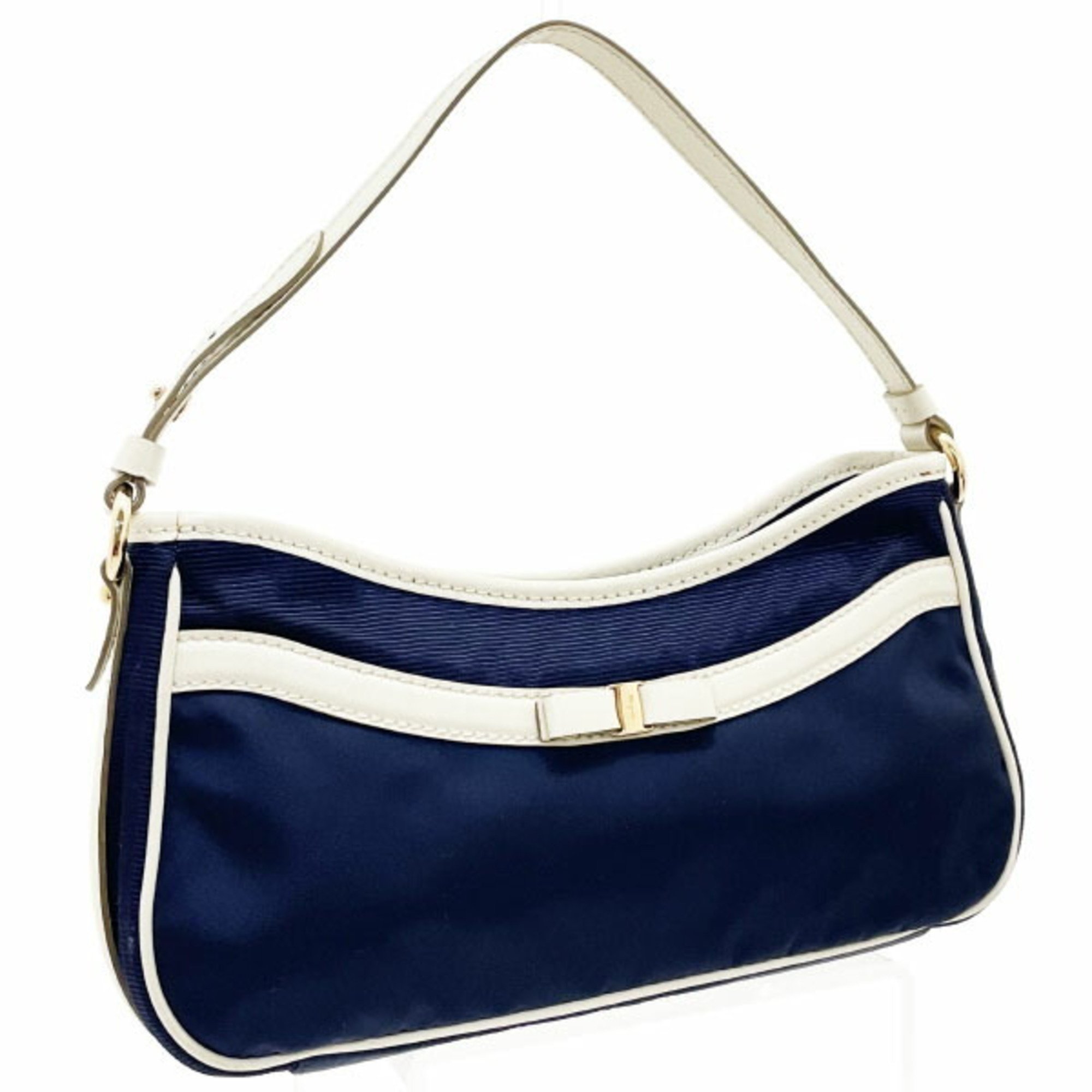 Salvatore Ferragamo Pouch Vara Handbag Nylon Fabric Leather Navy Ivory White 22 C642 Ribbon Bag SS-13517