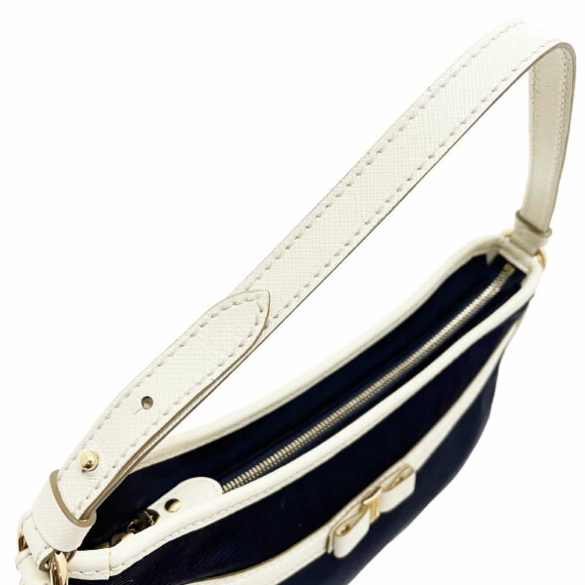 Salvatore Ferragamo Pouch Vara Handbag Nylon Fabric Leather Navy Ivory White 22 C642 Ribbon Bag SS-13517