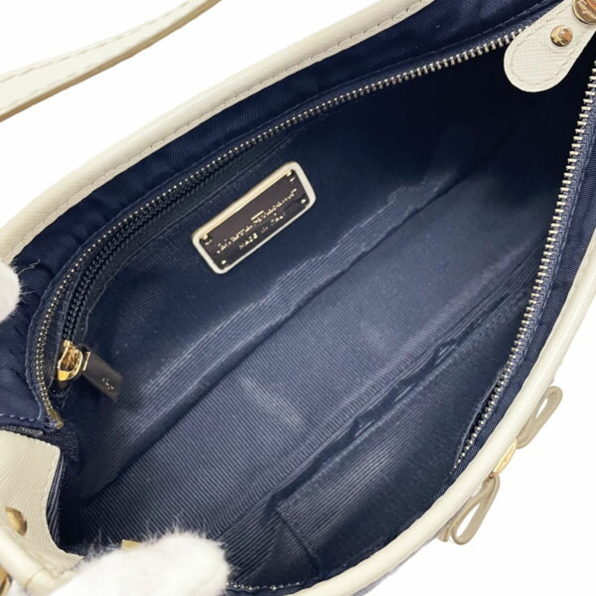 Salvatore Ferragamo Pouch Vara Handbag Nylon Fabric Leather Navy Ivory White 22 C642 Ribbon Bag SS-13517