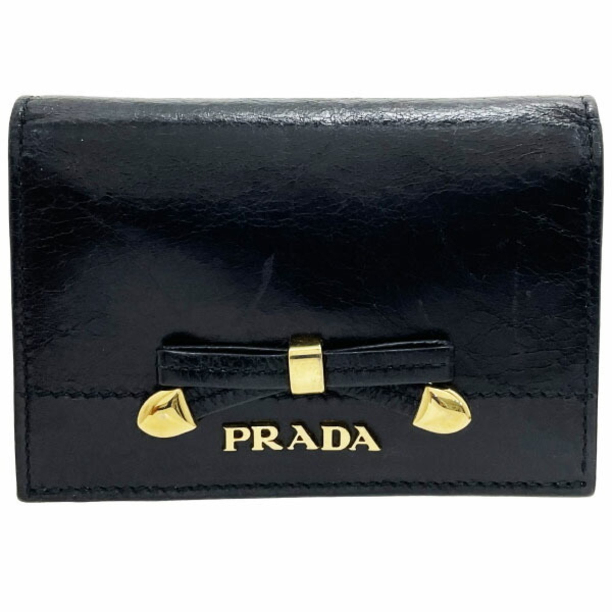 Prada Card Case Ribbon Business Holder Leather Black PRADA IC Pass NERO YWYN-13646