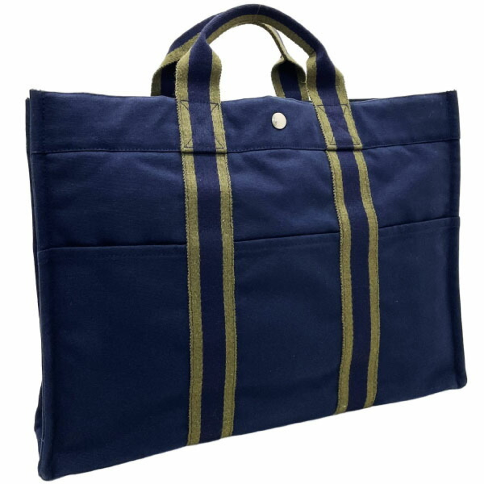 Hermes Tote Bag Foule MM Canvas Navy Khaki Green Bicolor Handbag Men Women Unisex AHN-13595