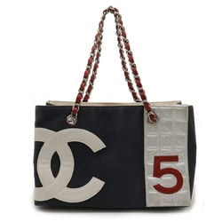 CHANEL Coco Mark No.5 Tote Bag Shoulder Chain Canvas Leather Navy Red Silver A18644