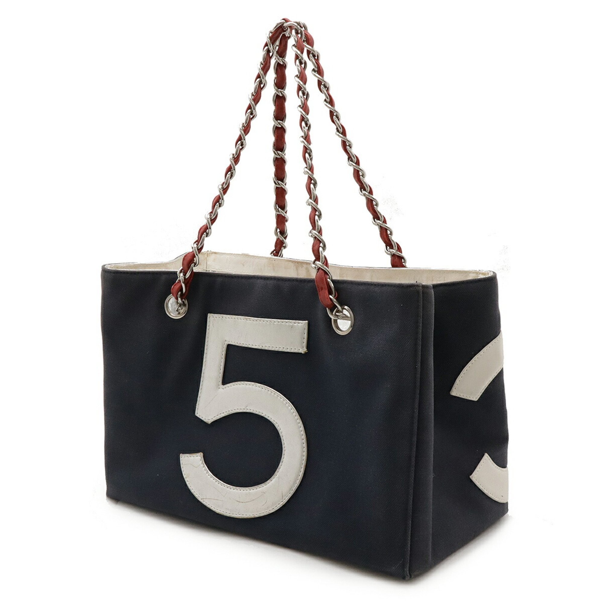 CHANEL Coco Mark No.5 Tote Bag Shoulder Chain Canvas Leather Navy Red Silver A18644