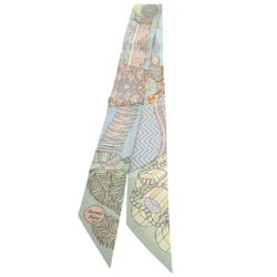 Hermes Twilly Duel with a Cane Umbrella De l'Ombrelle aux Duels Vieux Silk Pale Blue Orange Green Multicolor Scarf Muffler 1494HERMES