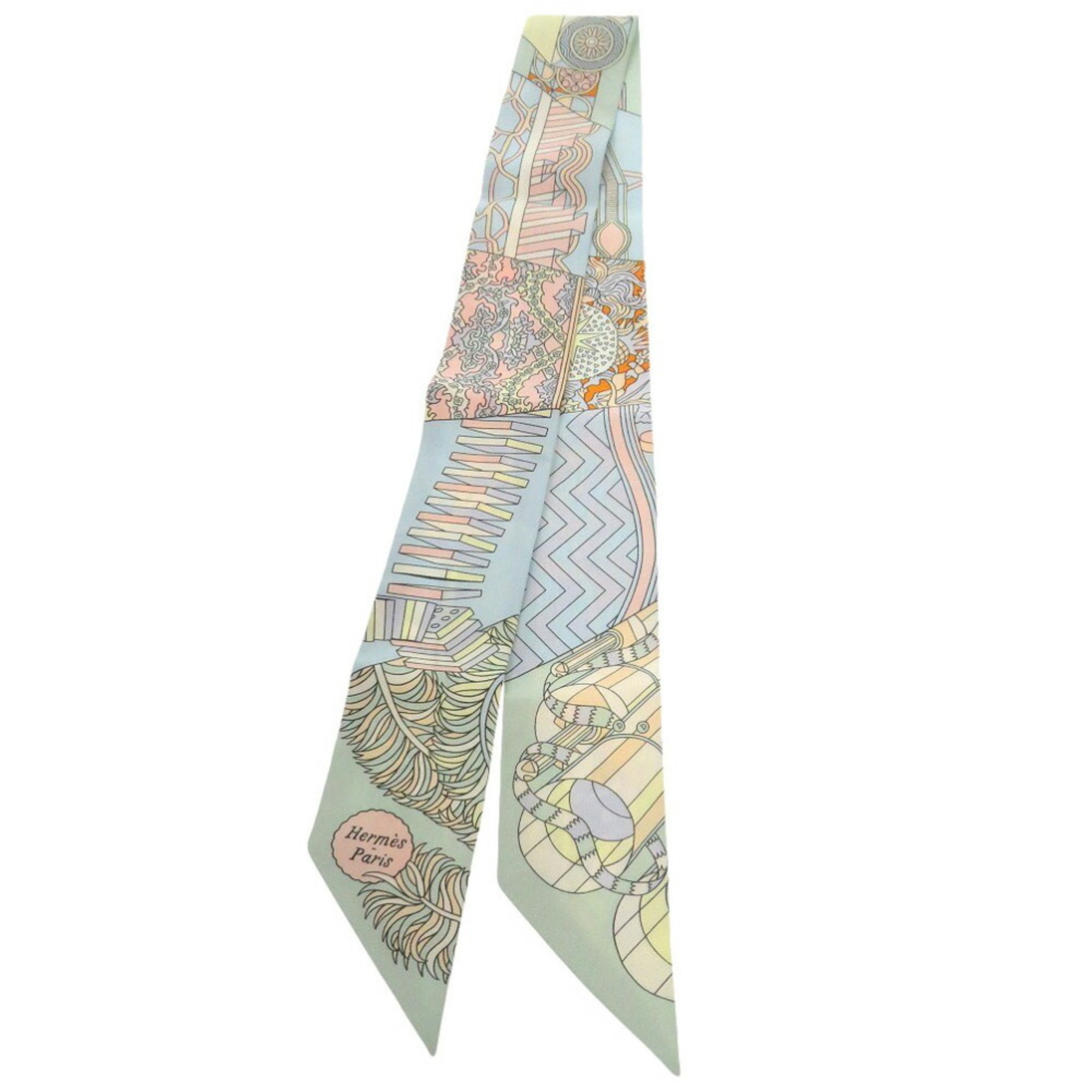 Hermes Twilly Duel with a Cane Umbrella De l'Ombrelle aux Duels Vieux Silk Pale Blue Orange Green Multicolor Scarf Muffler 1494HERMES