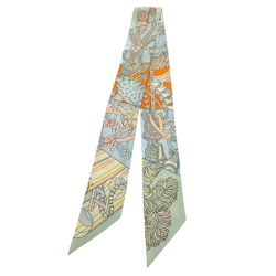 Hermes Twilly Duel with a Cane Umbrella De l'Ombrelle aux Duels Vieux Silk Pale Blue Orange Green Multicolor Scarf Muffler 1494HERMES